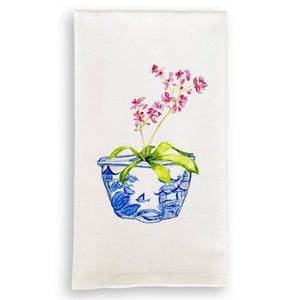 Tea Towel, Blue & White Bowl with Pink Orchid