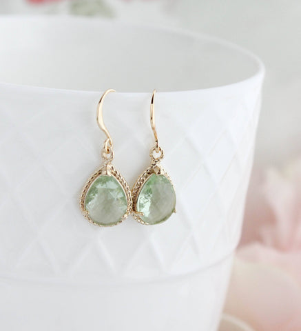 Earings, Glass Pear Drop, Green