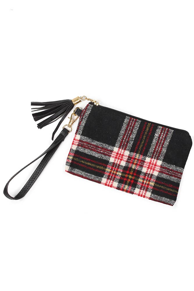 Wristlet, Plaid Pouch Bag, Black & Red