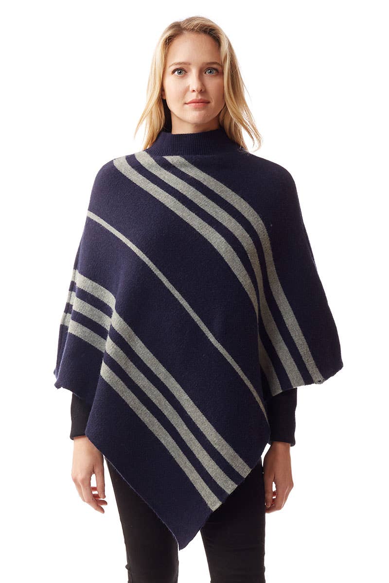 Poncho, Turtle Neck, Navy Vertical Stripe