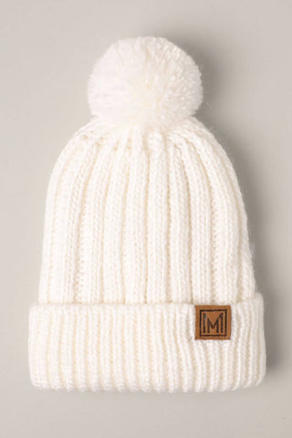 Beanie Hat, Knitted Sherpa Lined Pom, White