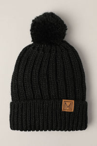 Beanie Hat, Black Sherpa Lined Pom Pom