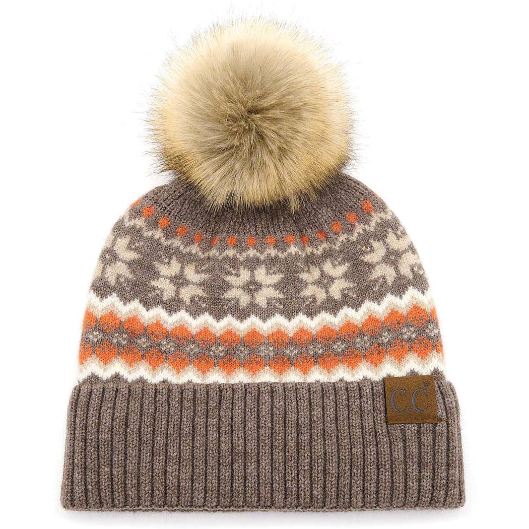 Beanie, Nordic Fair Isle Taupe with Pom-Pom