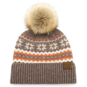 Beanie, Nordic Fair Isle Taupe with Pom-Pom