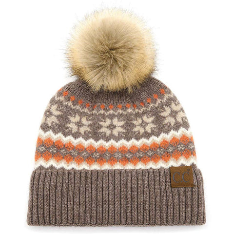 Beanie, Nordic Fair Isle Taupe with Pom-Pom