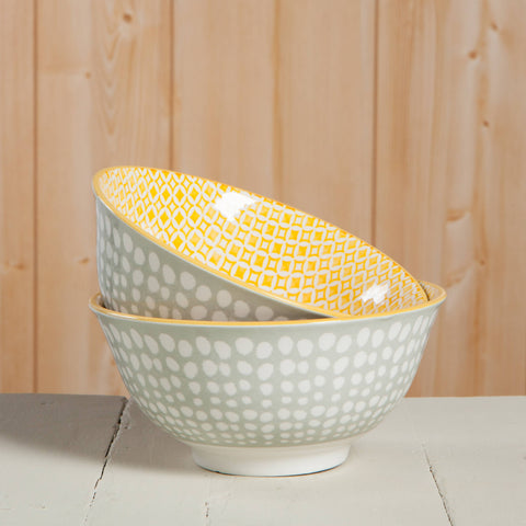 Bowl, Dots Gray and Yellow Stamped 6"