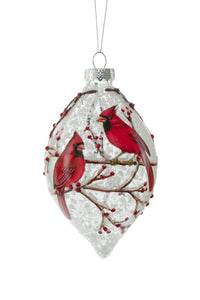 Ornament, Clear Drop Frosted Cardinals on Branches