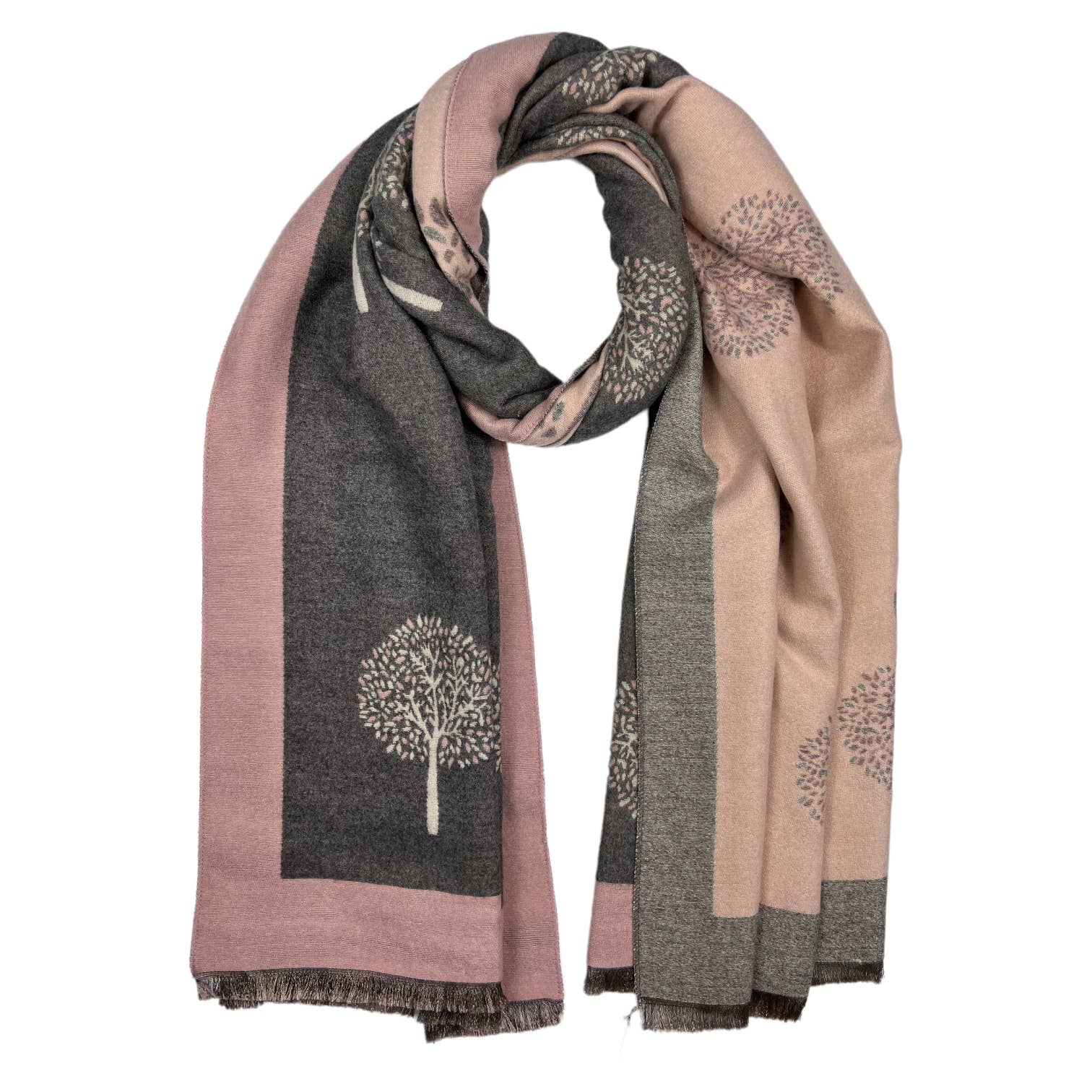 Scarf, Reversible Tree Print Cashmere Blend, Charcoal/Pink
