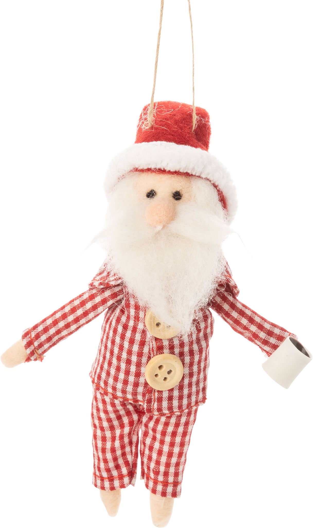 Ornament, Felt Santa w/ Jammies and Coffee