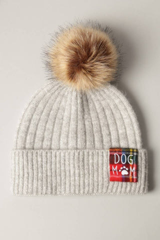 Beanie Hat, DOG MOM Grey Knit with Faux Fur Pom