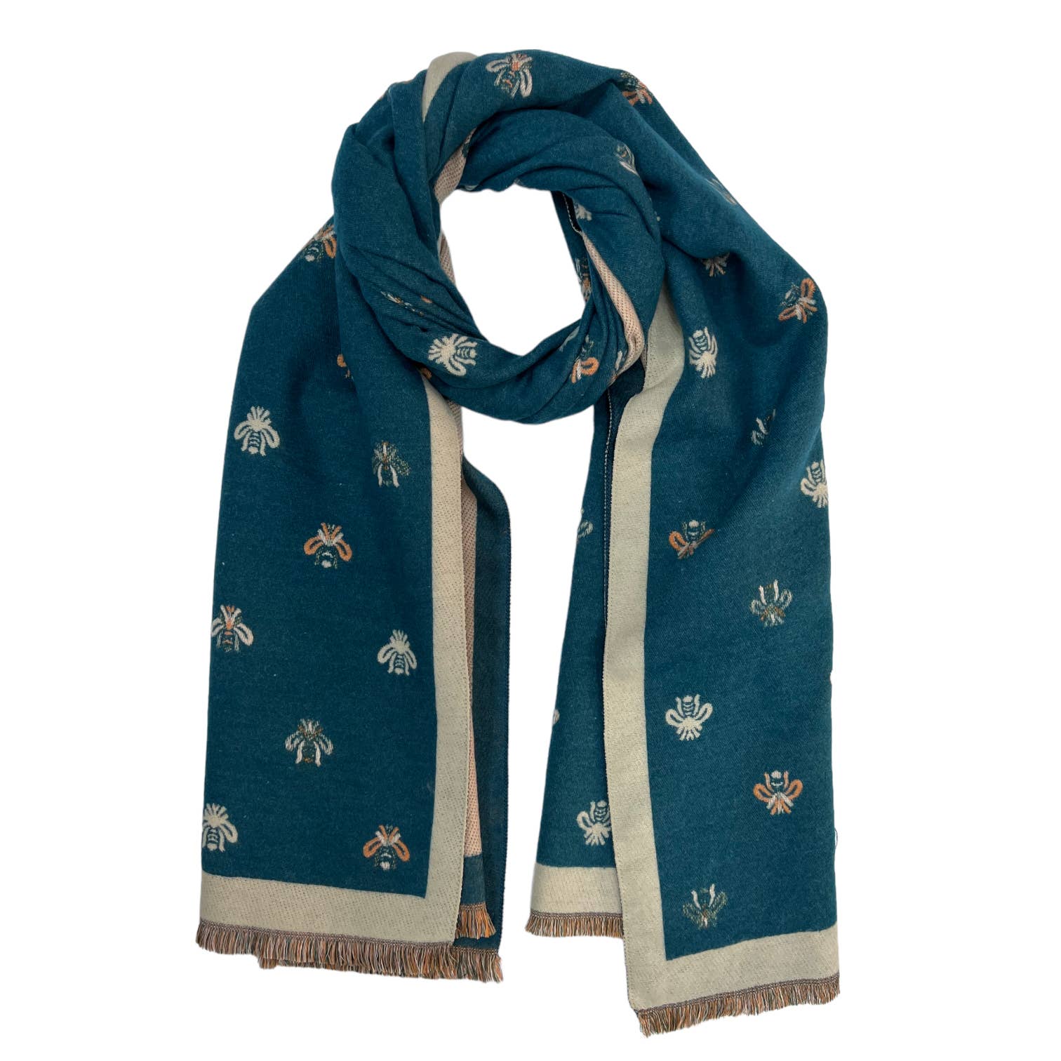 Scarf, Reversible Bee Print Cashmere Blend, Teal