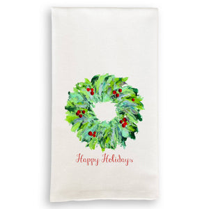 Tea Towel, Happy Holidays Wreath with Berries