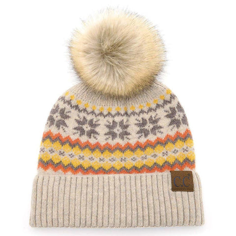Beanie, Nordic Fair Isle Beige with Pom-Pom