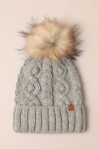 Beanie, Grey w Faux Fur Pom