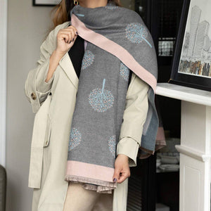 Scarf, Cashmere Blend Tree Of Life Pink/Gray/Teal