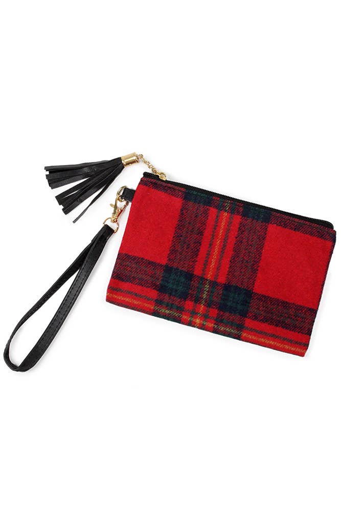 Wristlet, Plaid Pouch Bag, Red