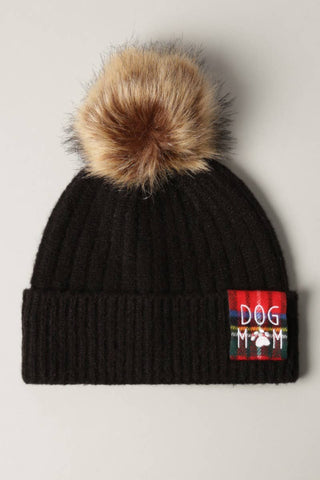 Beanie Hat, DOG MOM Black Knit with Faux Fur Pom