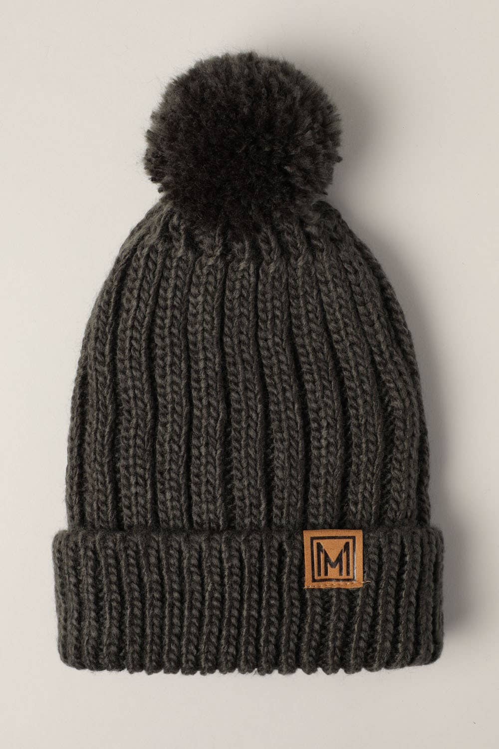 Beanie Hat, Dark Grey Sherpa Lined Pom Pom