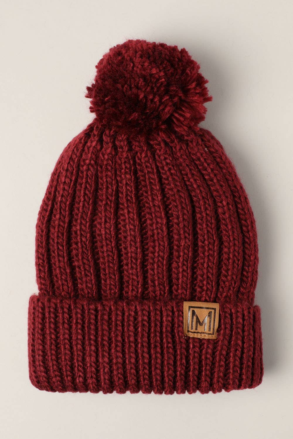 Beanie Hat, Knitted Sherpa Lined Pom, Burgundy