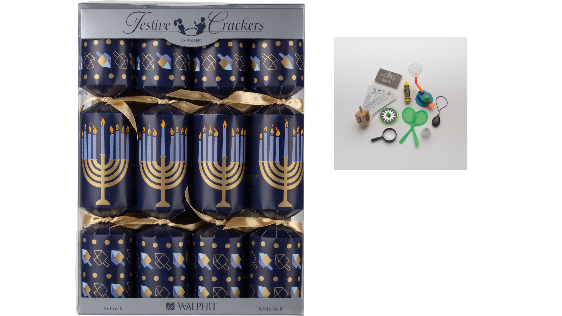Hannukah Crackers, 10in 8ct Dreidels and Menorah