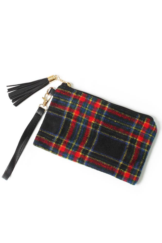 Wristlet, Plaid Pouch Bag, Black Tartan