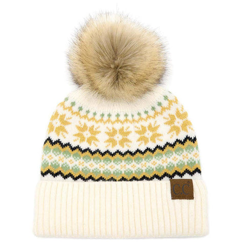 Beanie, Nordic Fair Isle Ivory with Pom-Pom