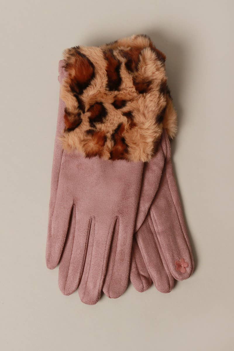 Gloves, Suede Mauve w Faux fur Cuff Smart Touch
