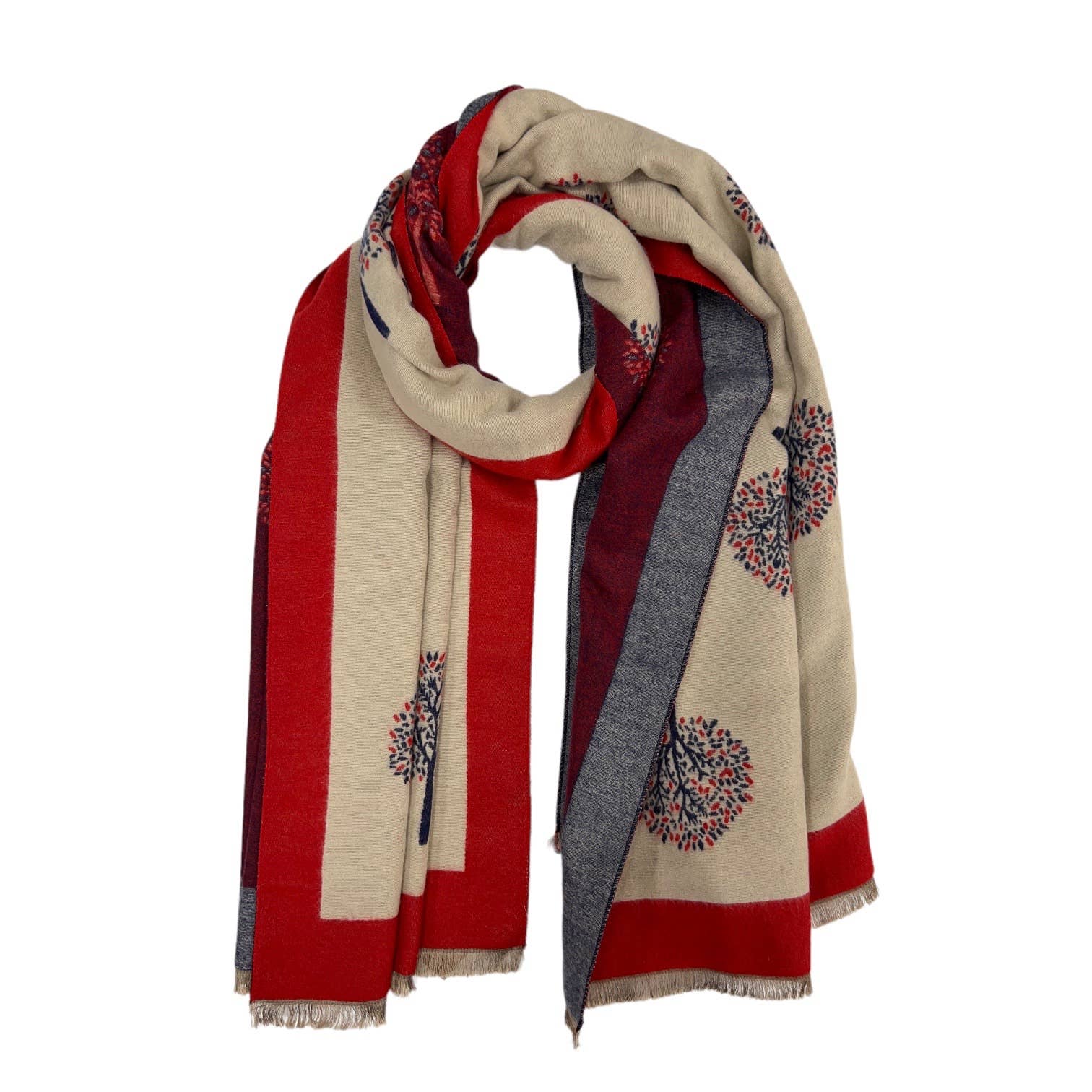 Scarf, Reversible Tree Print Cashmere Blend, Red/Cream