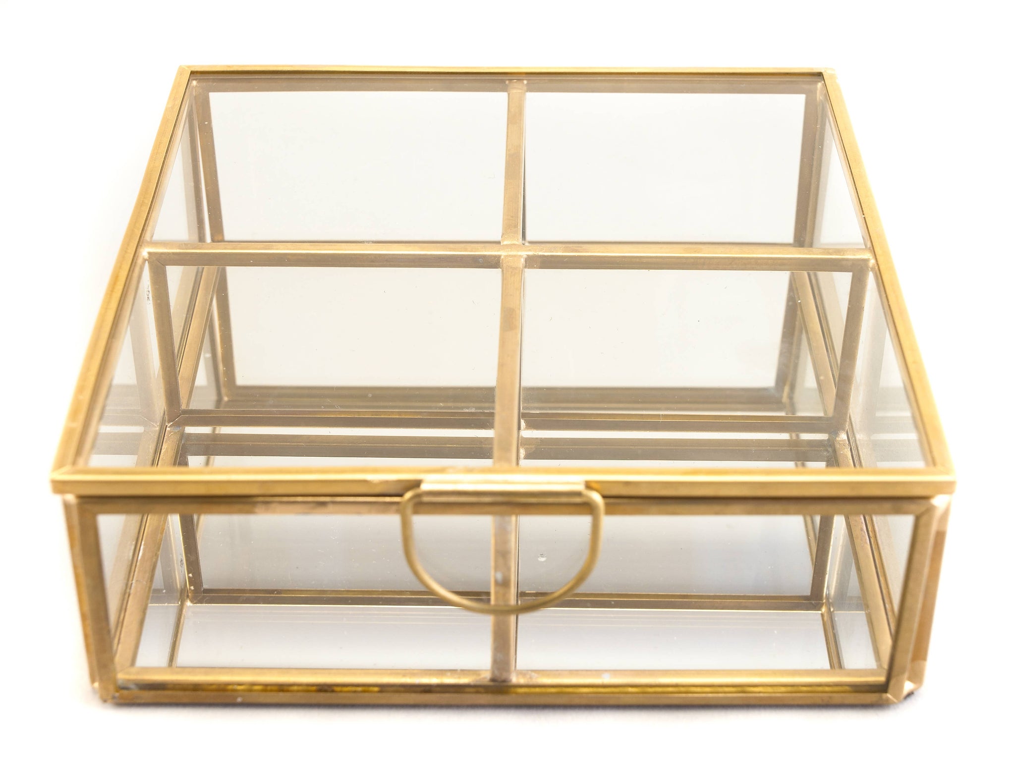 Square glass box with hinged lid, glass dividers