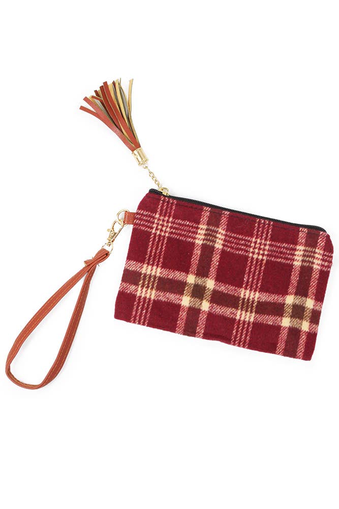 Wristlet, Plaid Pouch Bag, Burgundy
