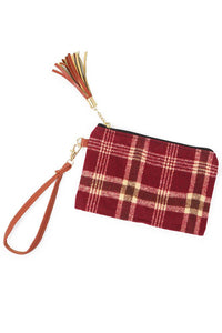 Wristlet, Plaid Pouch Bag, Burgundy