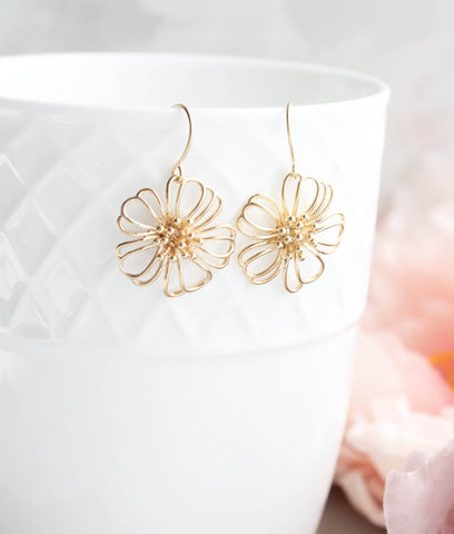 Earrings, Gold Floral Filigree Daisy