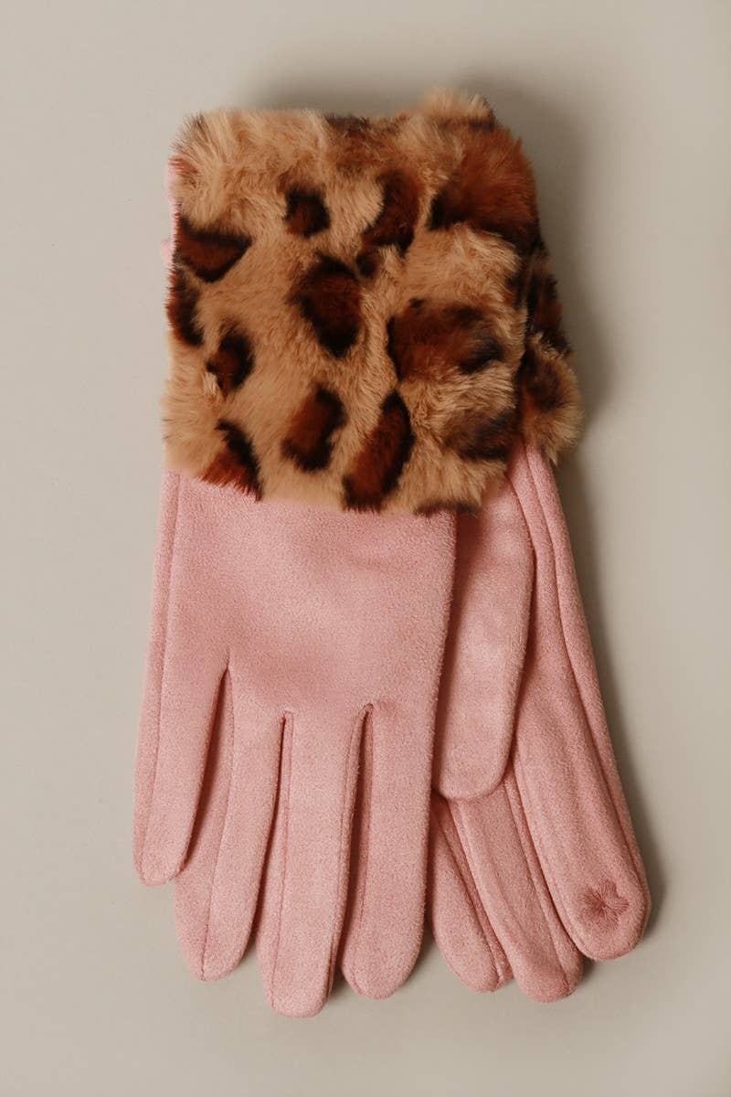 Gloves, Suede Pink w Faux fur Cuff Smart Touch